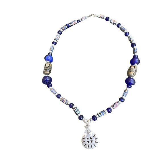 Handmade Blue Beaded Necklace with Silver Pendant Unique Artisan Jewelry Bohemia - Picture 10 of 11